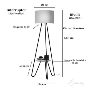 Luminária de Chão Estilo Industrial Com Prateleira - Ilúmine Decor