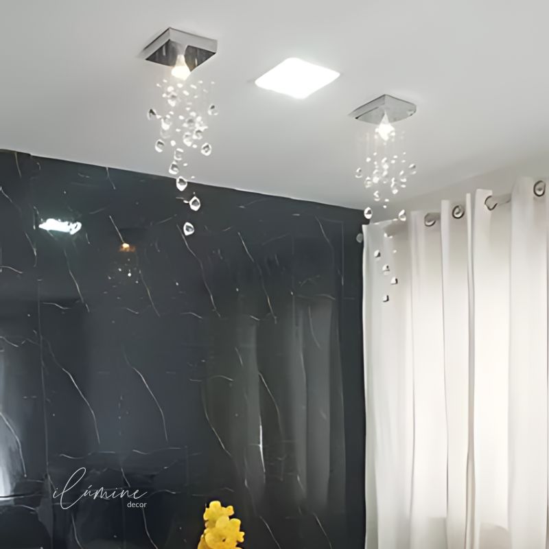 Lustre de Teto Cristal Gotas de Água Inox - Ilúmine Decor