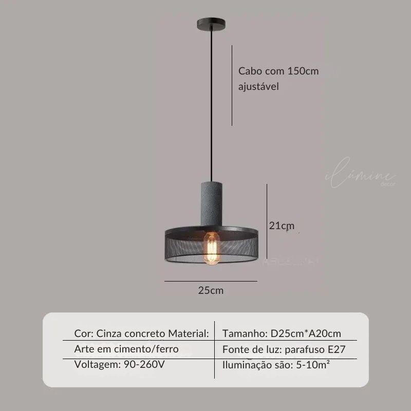 Pendente de Teto Cimento Queimado e Tela de Ferro - Ilúmine Decor